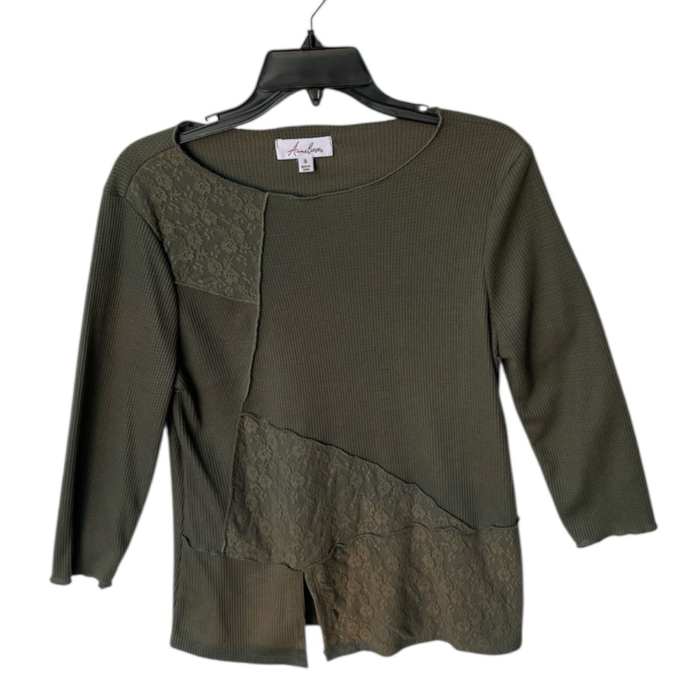 ANNELIESE WOMENGREEN LACE PATCHWORK WAFFLE DETAILED 3/4 SLEEVE SHIRT SIZE MEDIUM